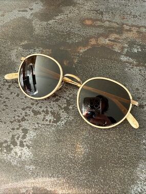 Garrett Leight Gold Round Sunglasses with Dark Brown Lenses Wilson